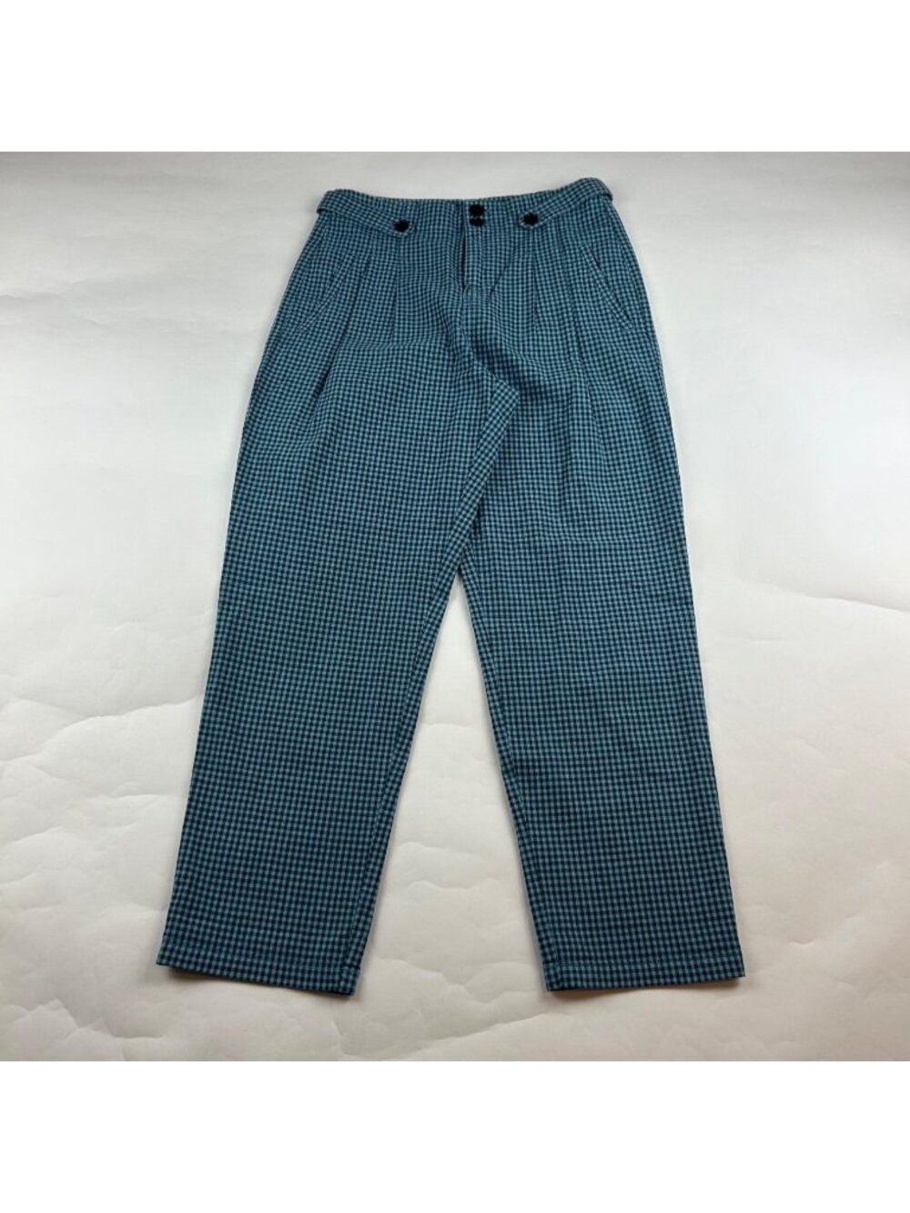 Sundance Blue Gingham Plaid Linen Blend High Rise Tapered Ankle Pant 2